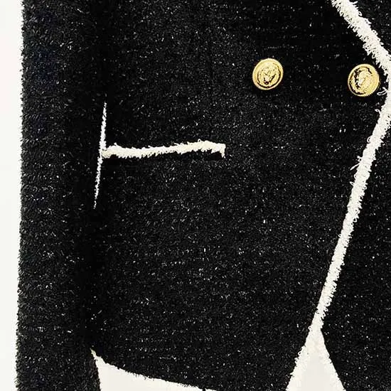 Women Black Fringed Gold Double Breasted Button Metal Buckle Slim Blazer